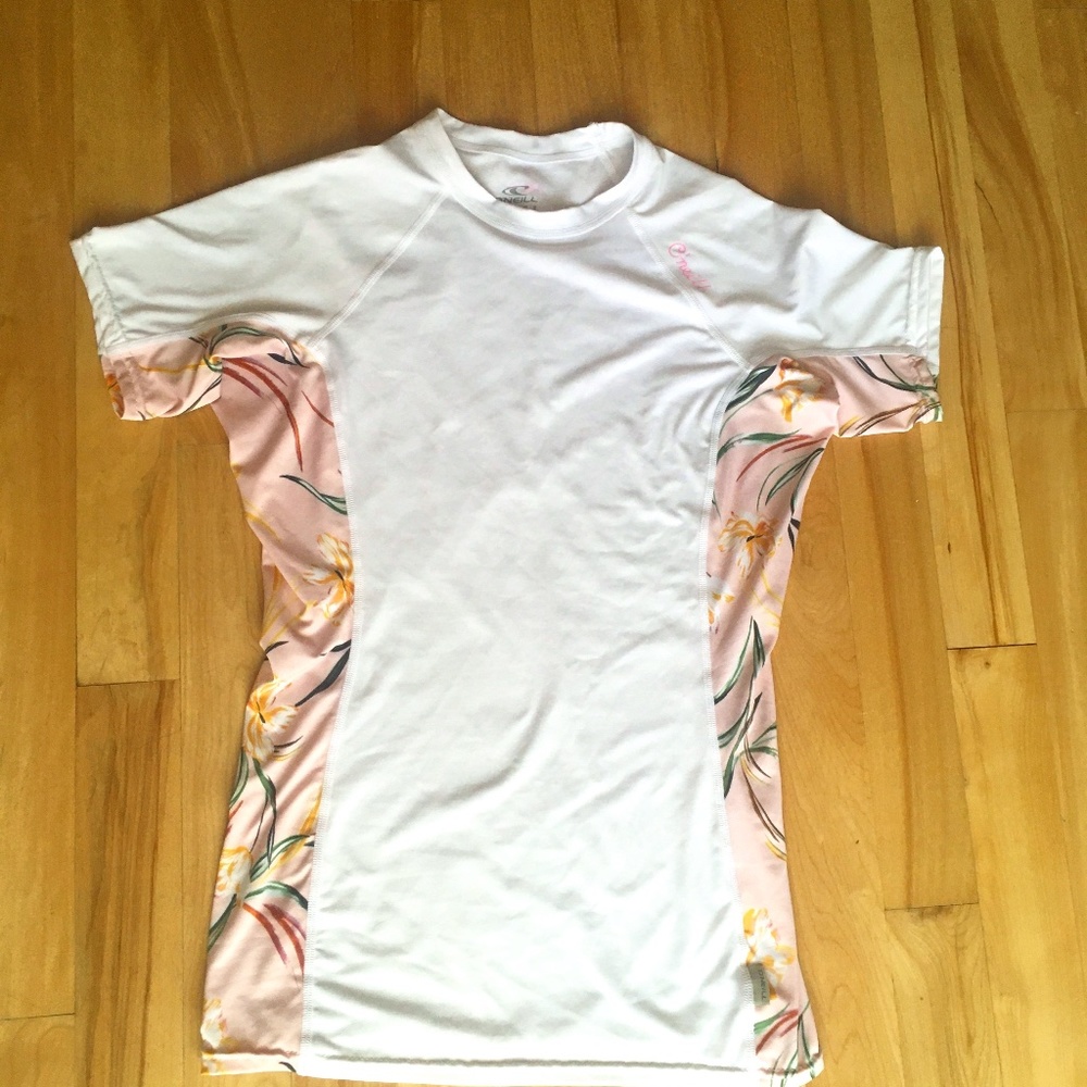 O'Neill rash guard white with floral sides. Size L